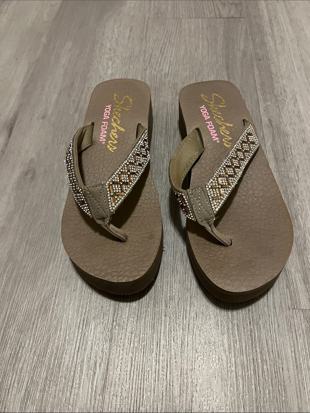 Skechers Taupe Beaded Wedge Thong Sandals with Metallic Accents